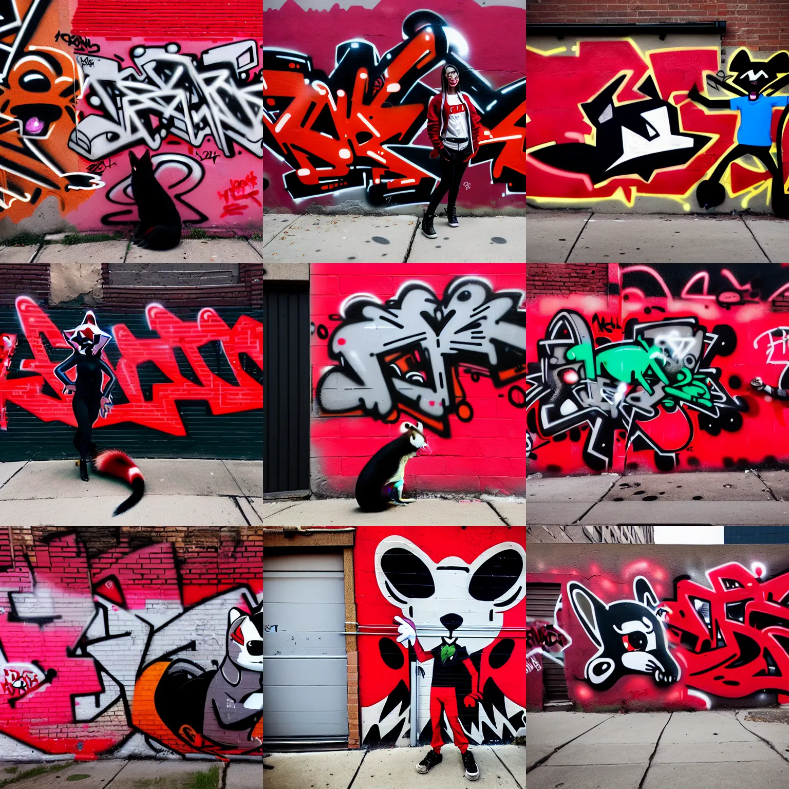 Prompt: photo [ far, angled ], subject [ furry _ fandom _ fursona _ original _ character ( red - black, anthropomorphic _ humanoid _ furry, weasel - ferret - stoat ) ], medium [ graffiti ], location [ chicago ( alley ) ]