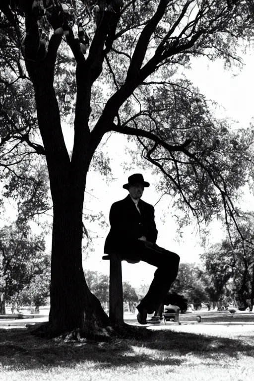 Prompt: a detective from the 5 0's, sitting in a park under a big tree
