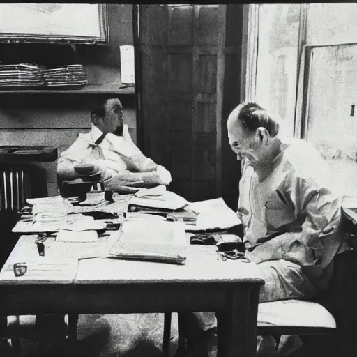 Image similar to lalo salamanca sitting at the table and reading newspapers, portrait, black and white, photograph, ultra realistic, grainy, highly detailed, Diane Arbus