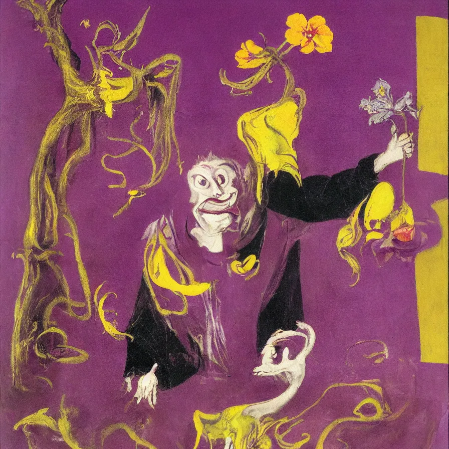 Image similar to painting by francis bacon, highly detailed, purple ancient deity, yellow rat pig, holding a red orchid, laughing, sitting in a brightly lit pink room
