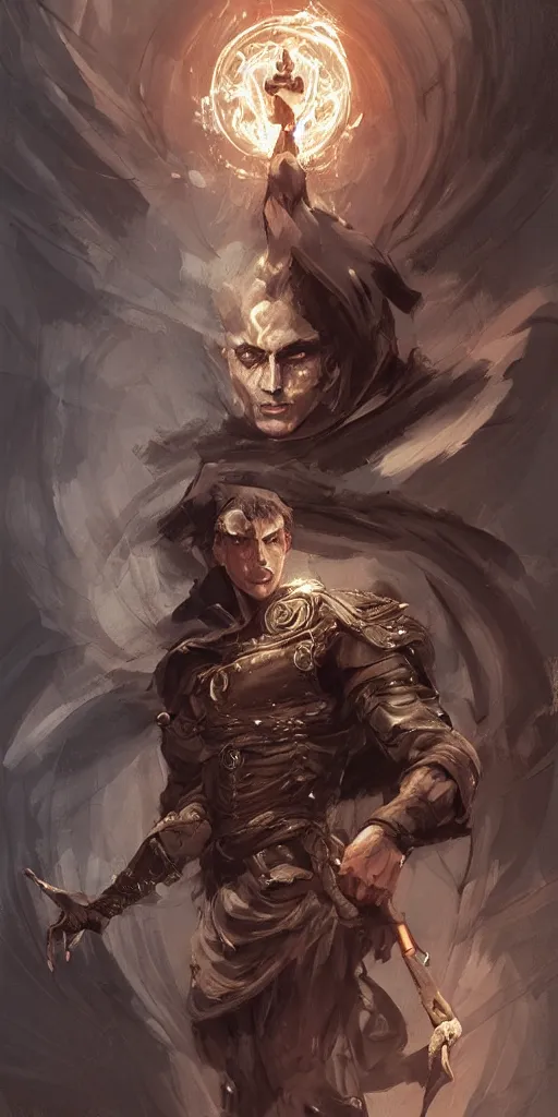 Image similar to a professional painting of a handsome young wizard olive skin, buzzed short dark hair, beautiful bone structure, symmetrical facial features, casting an evil spell, a floating glowing spellbook, , intricate, elegant, digital painting, concept art, smooth, sharp focus, illustration, from Metal Gear, by Ruan Jia and Mandy Jurgens and Artgerm and William-Adolphe Bouguereau