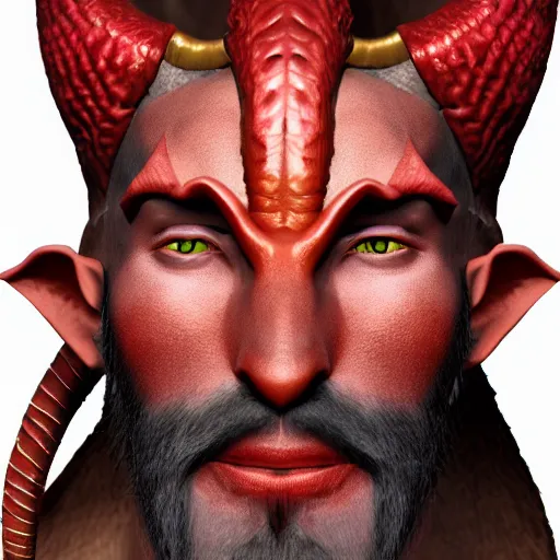 Image similar to dnd render of a male tiefling, red scales, a big black beard, completely golden eyes, 1 curved horn growing out of his forehead, one broken horn growing out of his forehead,