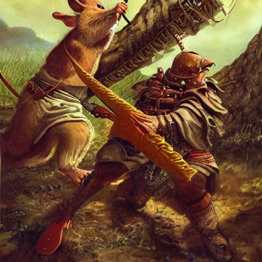 Image similar to martin the mouse warrior battling Asmodeus the serpent by James Gurney. Redwall.