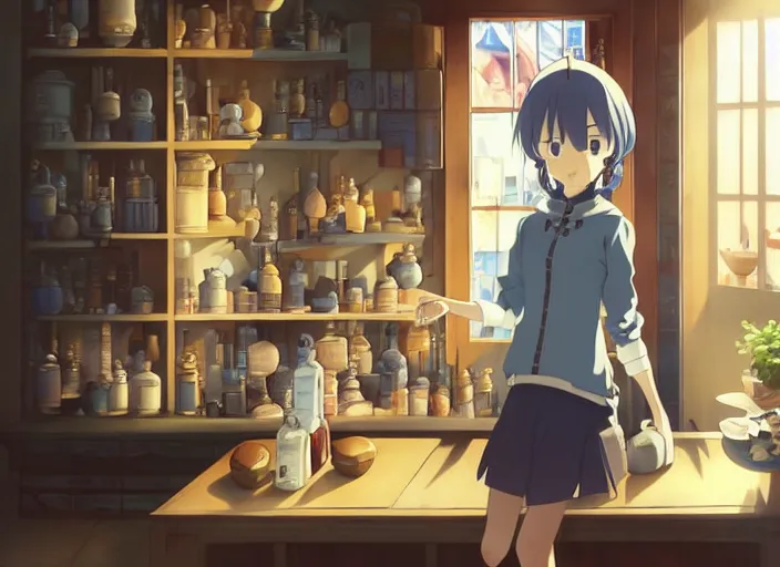 Image similar to anime visual, portrait of a young female traveler in a alchemist's shop interior, cute face by yoh yoshinari, katsura masakazu, studio lighting, dynamic pose, dynamic perspective, strong silhouette, anime cels, ilya kuvshinov, cel shaded, crisp and sharp, rounded eyes, moody, blue colors!!!!!!