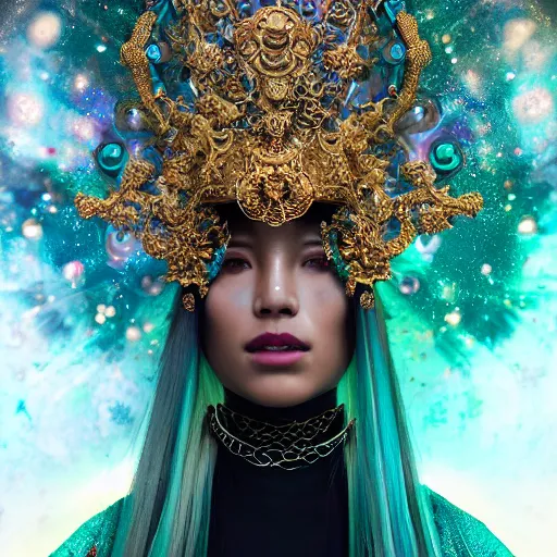 Prompt: a beautiful empress portrait, with a brilliant, impossible striking big cosmic galaxy headpiece, clothes entirely made out of cosmos chaos energy, symmetrical, dramatic studio lighting, rococo, baroque, jewels, asian, hyperrealism, closeup, D&D, fantasy, intricate, elegant, highly detailed, digital painting, artstation, octane render, 8k, concept art, matte, sharp focus, illustration, art by Artgerm and Greg Rutkowski and Alphonse Mucha