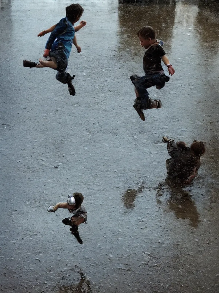 Image similar to jumping in puddles, by disney concept artists, blunt borders, rule of thirds, beautiful light