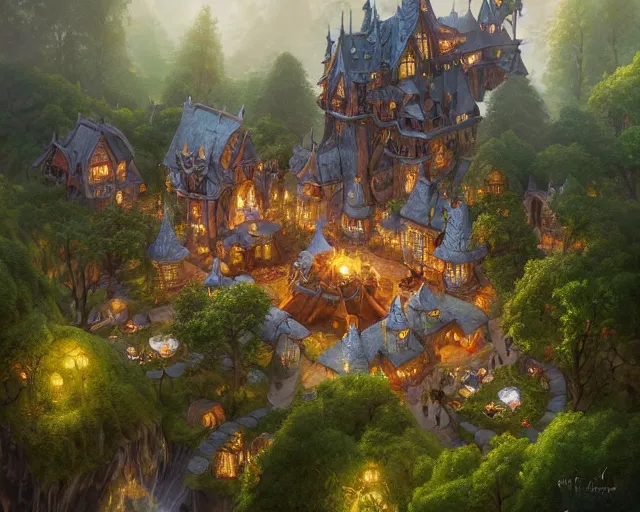 Prompt: fantasy village next to a forest, aerial view, deep focus, d & d, fantasy, intricate, elegant, highly detailed, digital painting, artstation, concept art, matte, sharp focus, illustration, hearthstone, art by artgerm and greg rutkowski and laura sava and alphonse mucha