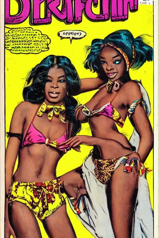 Prompt: !dream african bikini girls, vintage 70s comic cover