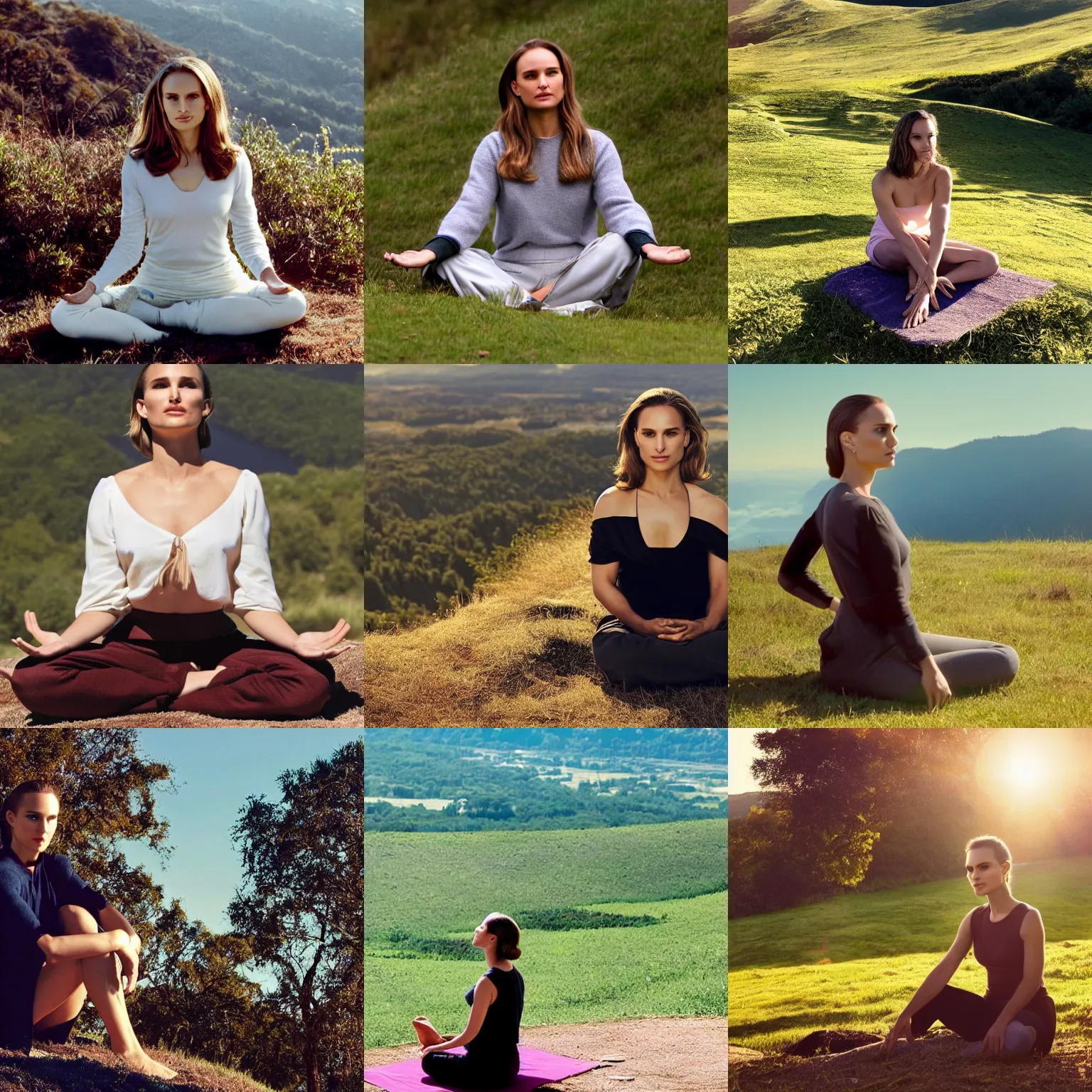 Prompt: natalie portman sitting on top of a hill meditating in the morning sun