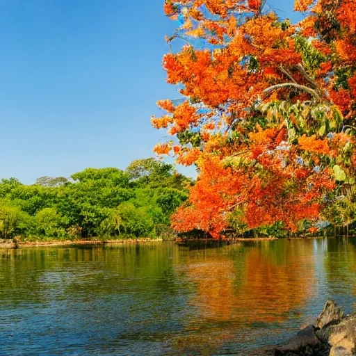 Prompt: a serene landscape of an island with tangerine trees, beside a river