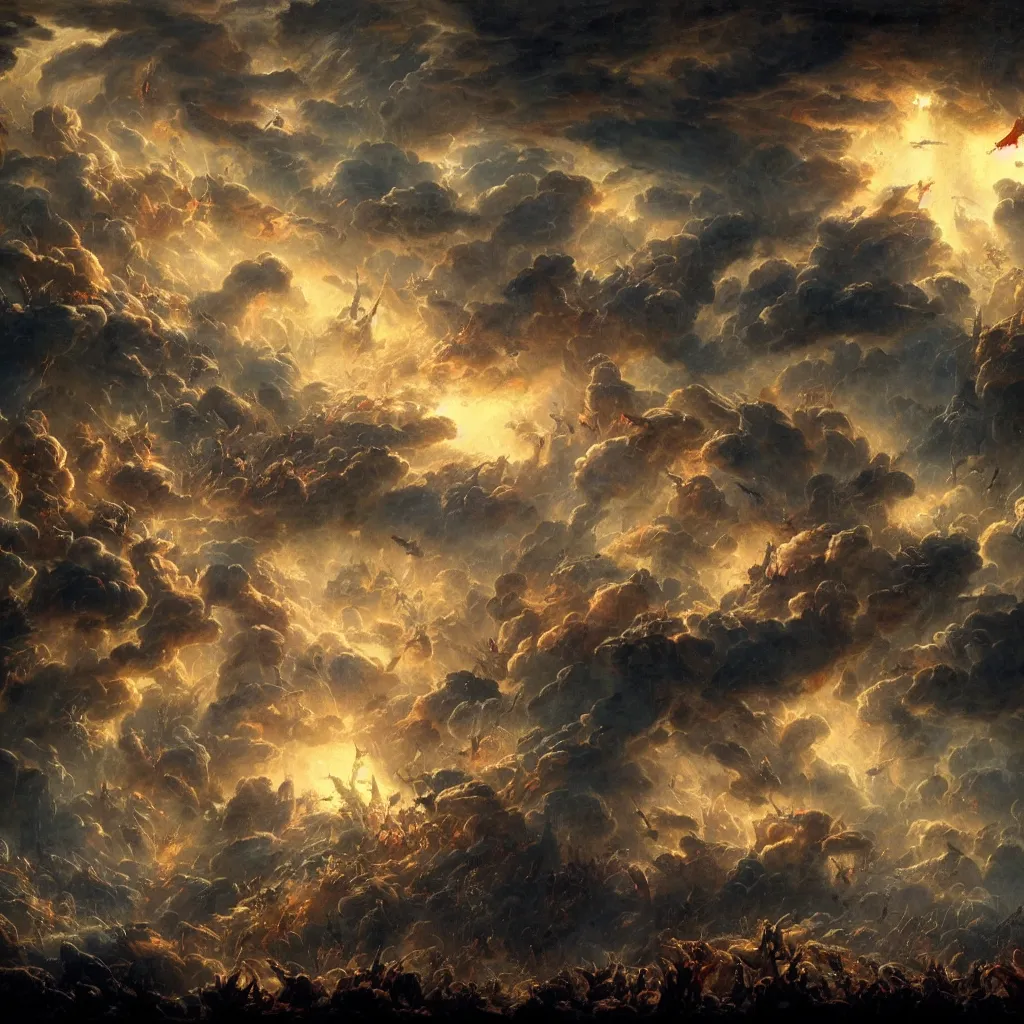 Prompt: hundreds of rebel angels falling from heaven as meterorites, epic lighting, disaster clouds, michael bay, john martin, apocalyptic