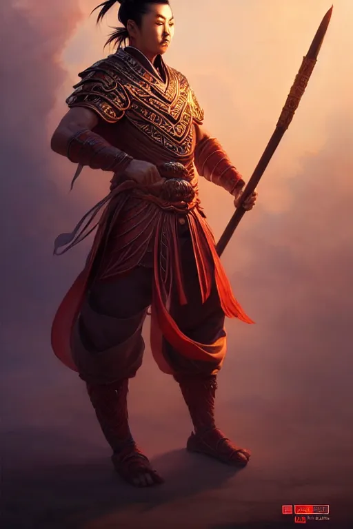 Image similar to handsome nezha, highly detailed, man holding spear, flame everywhere, epic pose, masterpiece chinese fantasy character portrait, highly detailed, digital painting, trending on artstation, concept art, sharp focus, illustration, global illumination, ray tracing, realistic shaded, art by artgerm and greg rutkowski and fuji choko and viktoria gavrilenko and hoang lap