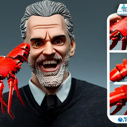 Image similar to Picture of a Jordan Peterson action figure, with real detachable lobster hands