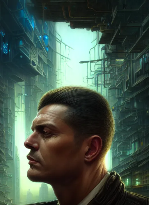 Image similar to closeup portrait shot of a male detective in a scenic cyberpunk environment, intricate, elegant, highly detailed, centered, digital painting, artstation, concept art, smooth, sharp focus, illustration, artgerm, tomasz alen kopera, peter mohrbacher, donato giancola, joseph christian leyendecker, wlop, boris vallejo