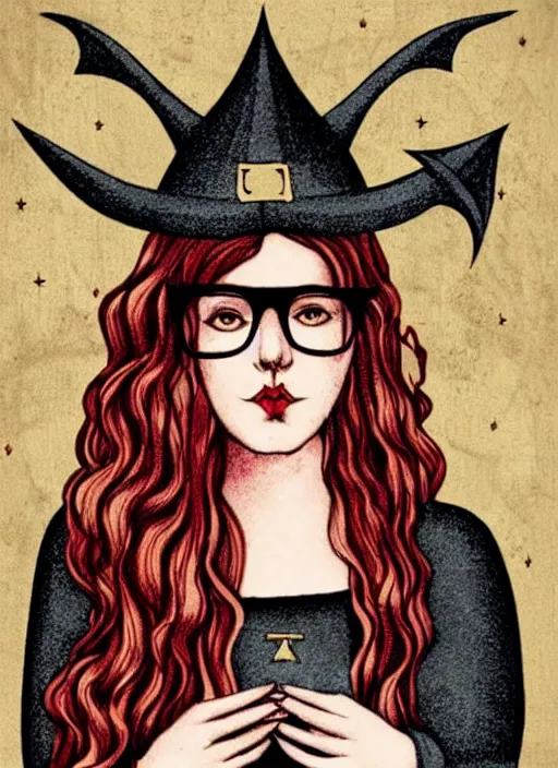 Prompt: a dark tarot card featuring border illustrations, text and a pale young woman, chubby, with long wavy red hair and trendy glasses! pretty eyes, posing in a room, dramatic, incredibly detailed art, medieval, halloween