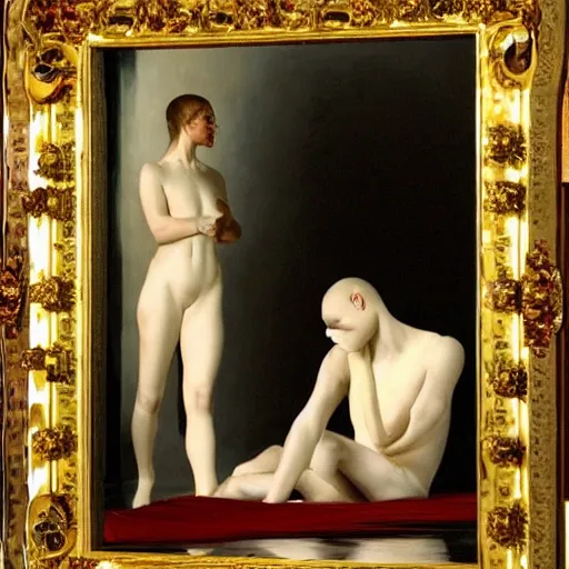 Image similar to an all white human, with no facial features, like a white skin tight mask pulled over their face merges into their body, full body laying in a blood red pool of water between a golden mirror frame, outside is space and inside the mirror frame is a beautiful landscape., physically accurate, dynamic lighting, intricate, elegant, highly detailed, very very Roberto Ferri, sharp focus, illustration, art