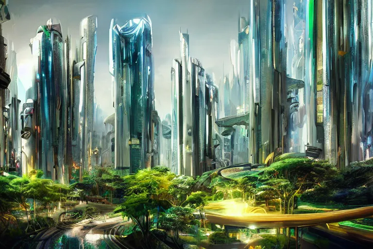 Prompt: futuristic cyberpunk city with Singaporean lush garden with royal white and green and white and luxurious gold colors, advanced civilization, high-end street, Antelope canyon, rocks formed by water erosion, walls made of beautiful smooth sandstone light beams that shine, polish narrow slots of walls into a striated swirling finish, digital painting, concept art, smooth, sharp focus, from Star Trek 2021, illustration, by WLOP and Ruan Jia and Mandy Jurgens and William-Adolphe Bouguereau, Artgerm