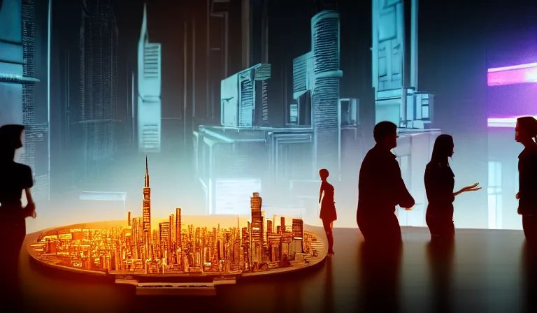 Image similar to group of people in simple warehouse, looking at hologram of futuristic city on a table, cinematic concept art, godrays, golden hour, natural sunlight, 4 k, clear details, tabletop model buildings, center model buildings, hologram center, crane shot, crane shot, crane shot