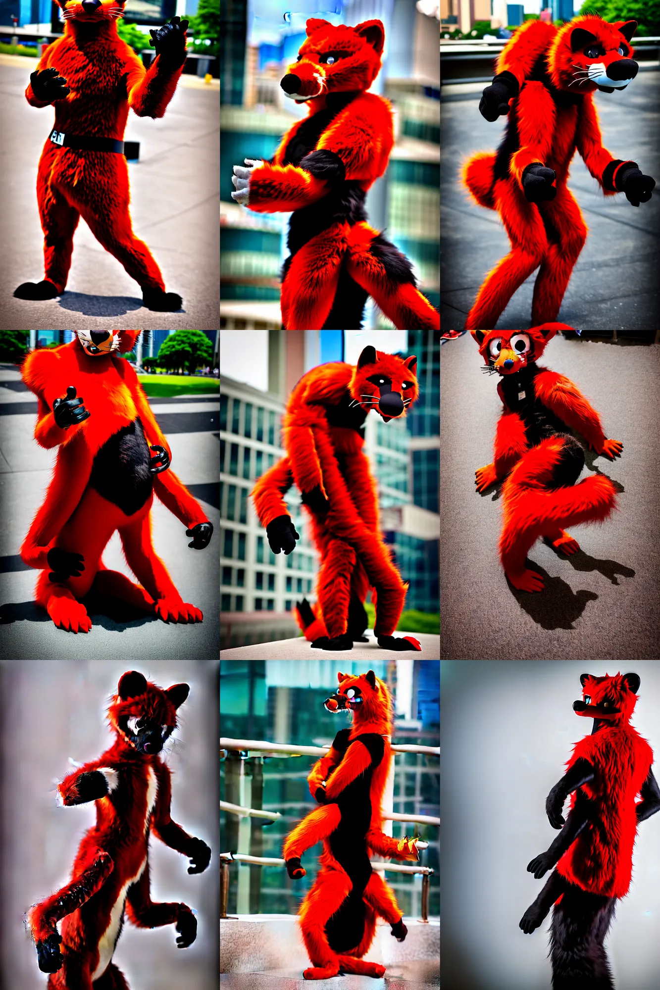 Image similar to fullbody photoshoot photo portrait of a cute roguish male red - black furred weasel furry fursuiter ( tail attached ), taken at anthrocon ( furry convention )