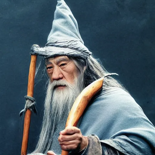 Image similar to a still from “ lord of the rings ” of a head and shoulders portrait of fei lung as a gandalf the wizard with a hat and a wooden staff, photo by phil noto