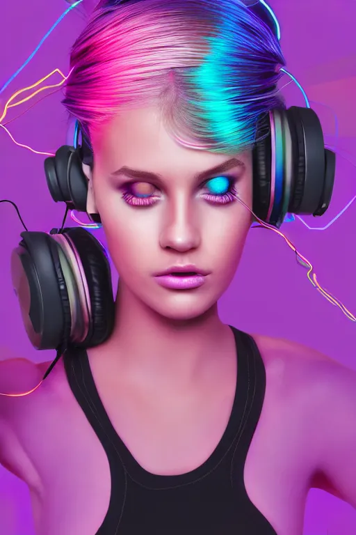 Image similar to a award winning half body portrait of a beautiful woman with stunning eyes in a croptop and cargo pants with ombre purple pink teal hairstyle with headphones on her ears by thomas danthony, surrounded by whirling illuminated lines, outrun, vaporware, shaded flat illustration, digital art, trending on artstation, highly detailed, fine detail, intricate