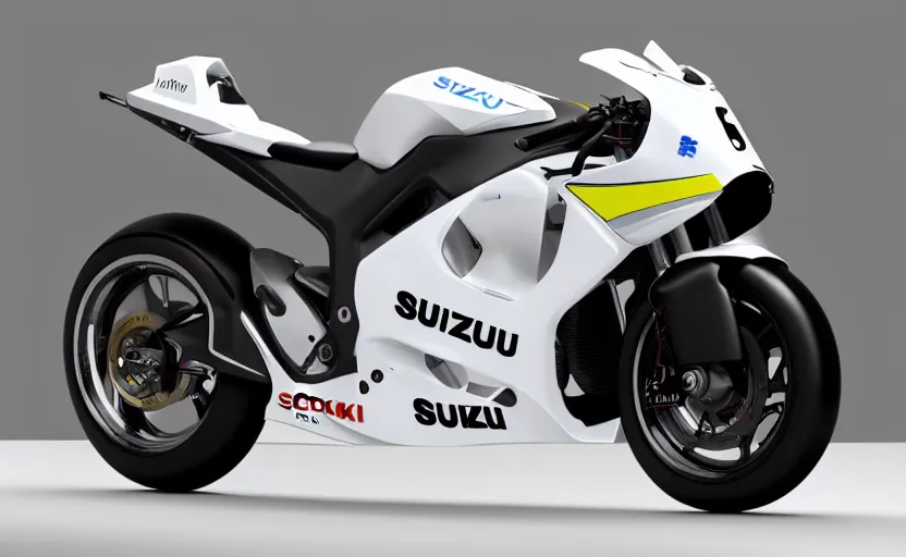 Image similar to suzuki prototype, racing motorbike, symmetrical mechanical features, designed by pininfarina, smoke, elegant design, northen lights background, brushed white and blue paint, black wheel rims, hard surfaces modelling, futuristic, show room scene, dramatic lighting, hyper realistic rendering, made in fusion solidworks, bokeh effect, 1 5 0 mm, 4 k