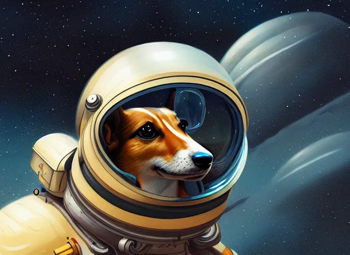 Image similar to highly detailed illustration of a corgi wearing a space helmet on an alien planet, artstation, cinematic lighting, hyperdetailed, cgsociety, 8k, high resolution, Charlie Bowater, Tom Bagshaw, Norman Rockwell, insanely detailed and intricate