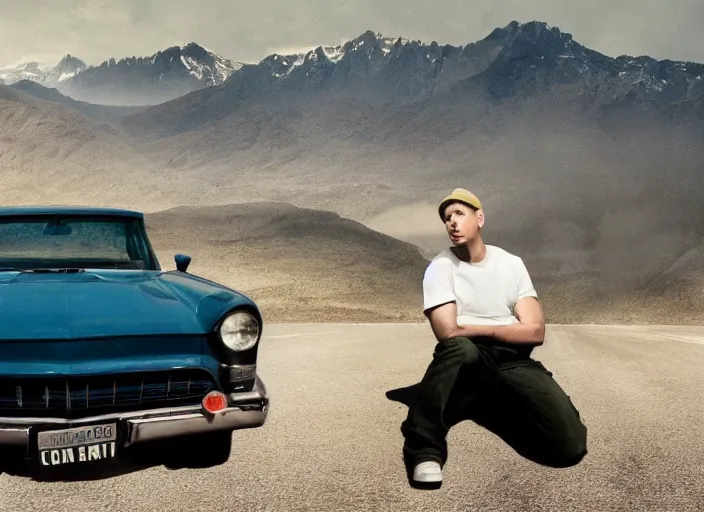 Image similar to a very high resolution image from a new movie, eminem in a car car. inside of a car. alone. mountains, directed by wes anderson