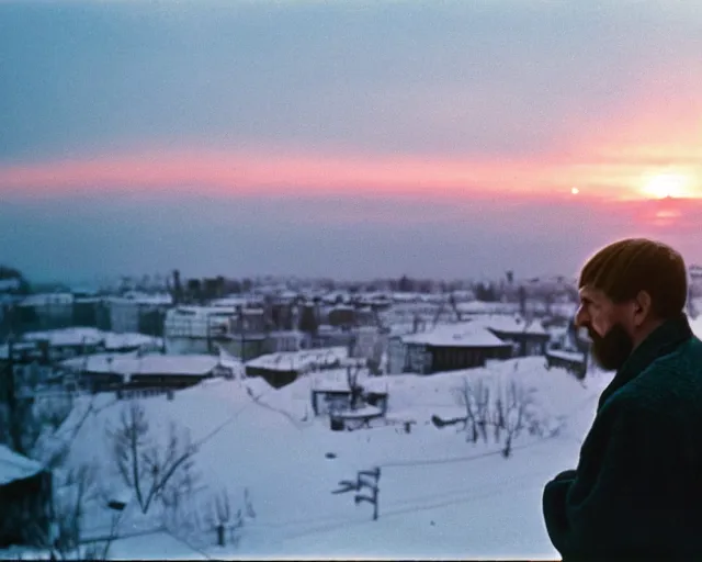 Image similar to award - winning lomographic tarkovsky film still of 4 0 years russian man with beard and sweater standing on small hrushevka 9 th floor balcony in taiga looking at sunset, kodak ektar, bokeh