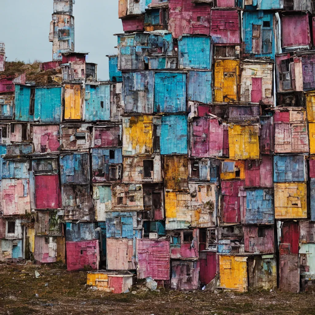 Image similar to close - up view of a tower made up of colourful makeshift squatter shacks, faded colours, plain off white sky, mamiya, very detailed, photographed by cristina de middel