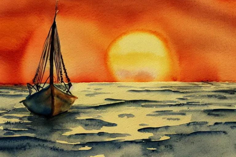 Image similar to Watercolor illustration of a viking ship against the sunset