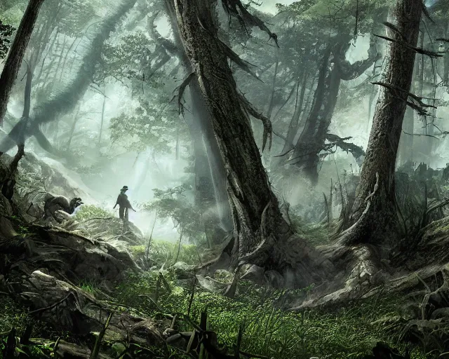 Prompt: predators lurking in the woods, matte painting, ultra wide shot, sharp focus, wallpaper art, dramatic lighting, concept artwork by greg rutowski and murata range