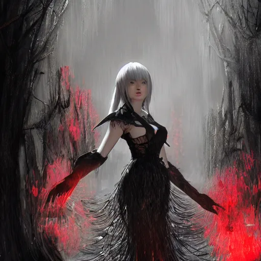 Image similar to hyperrealistic portrait of high detail yorha no. 2 type a as a vampire witch in ornate black robe red swan feathers as the mistress in fear being chased by a terrific man with goat head in a garden maze horror. by jeremy mann, fantasy art, photo realistic, dynamic lighting, artstation, poster, volumetric lighting, 4 k, award winning