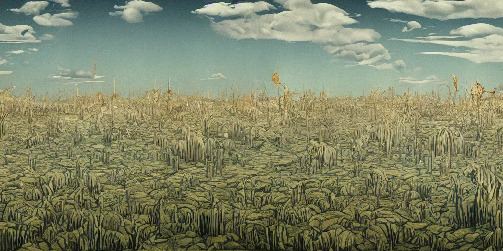 Prompt: Artwork of the Cinematic view of a diatoms forest by Giorgio de Chirico, Trending on artstation