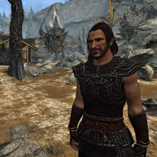 Prompt: character screenshot of ufc commentator john anik dc in skyrim, mage armor, npc talking, wilderness, 1 0 8 0 p, bokeh, elder scrolls v, detailed, dialog text