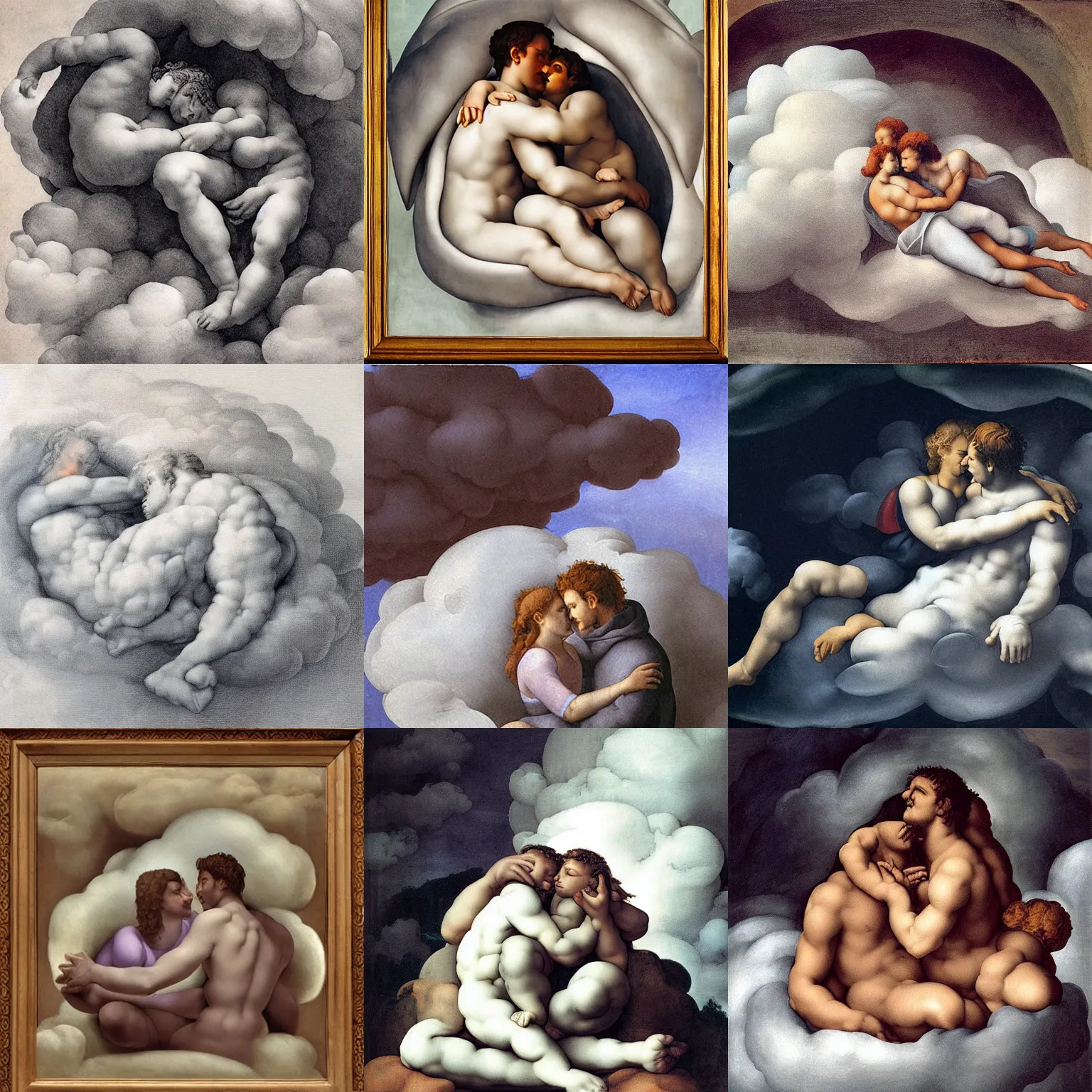 Prompt: a couple cuddling inside a cloud, by michelangelo