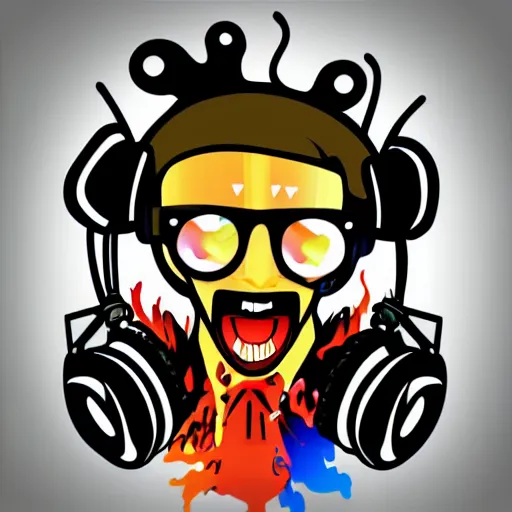 Image similar to svg vector sticker of absolutely insane-mad-scientist-villain, rocking out, wearing headphones, huge speakers, dancing, rave, DJ, spinning records, digital art, amazing composition, rule-of-thirds, award-winning, trending on artstation, featured on deviantart