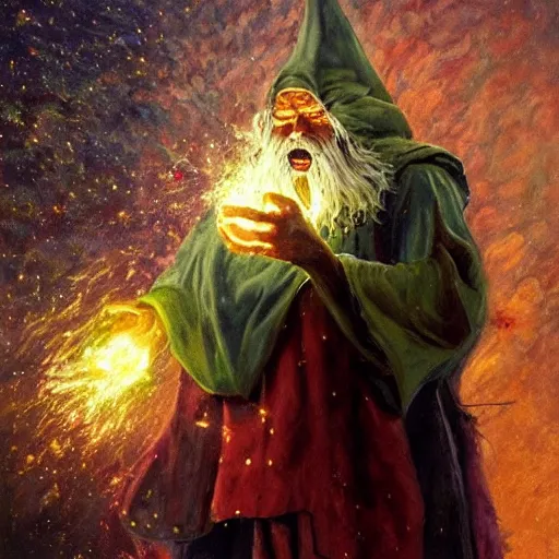 Prompt: Trash wizard conjures garbage comets to destroy his foes and make them stinky, realistic oil painting, fantastic