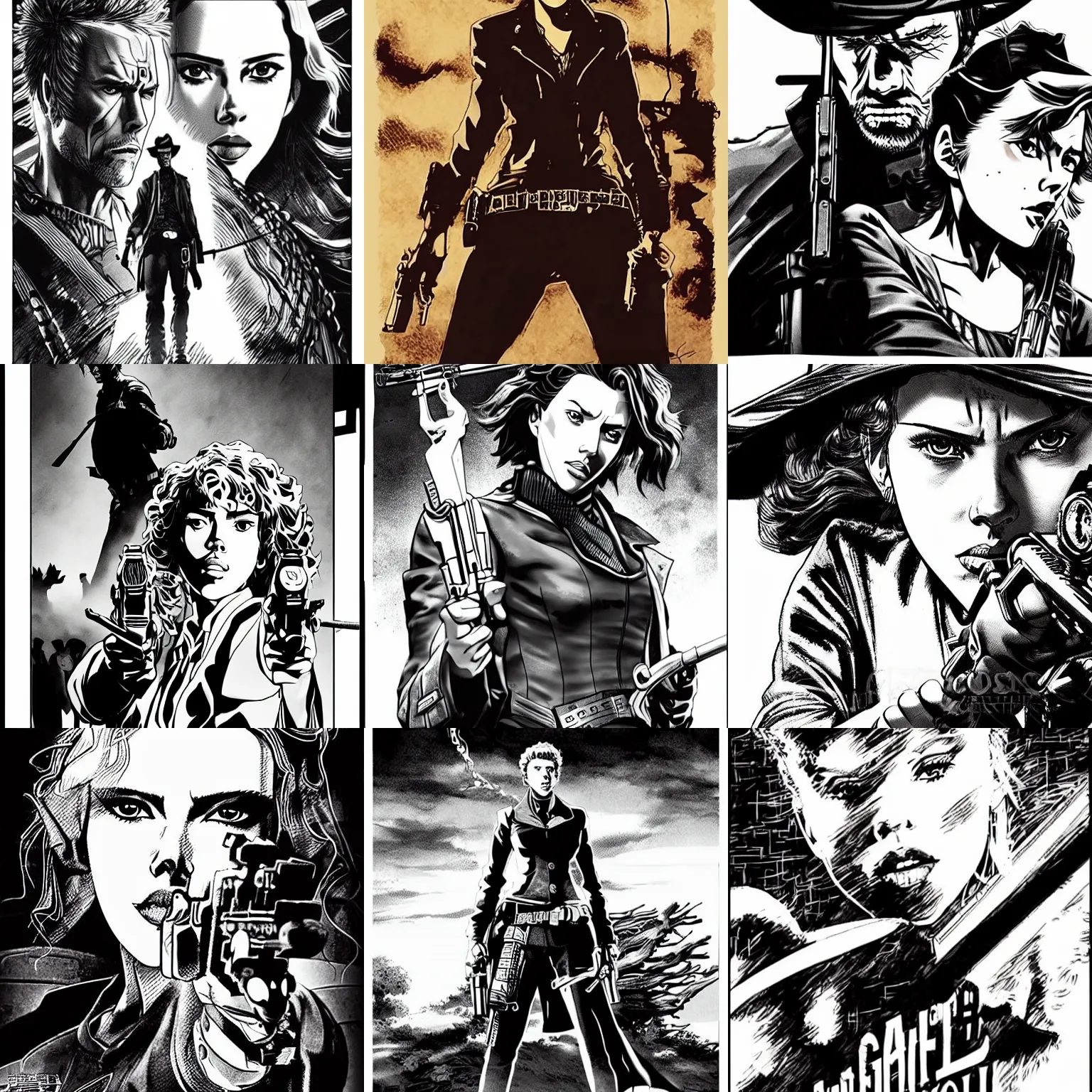 Prompt: scarlett johansson as a gunslinger clint eastwood in afro samurai manga style, movie poster, pencil and ink, walking the wild west wastelands