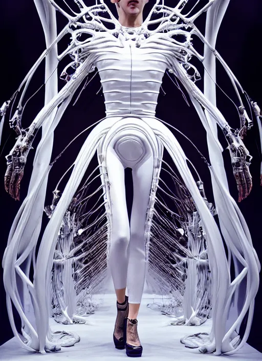 Image similar to walking down the catwalk, show, stage, vogue photo, podium, fashion show photo, historical baroque dress, iris van herpen, beautiful woman, full body shot, masterpiece, inflateble shapes, alien, giger, plant predator, guyver, jellyfish, wires, veins, white biomechanical details, wearing epic bionic cyborg implants, highly detailed