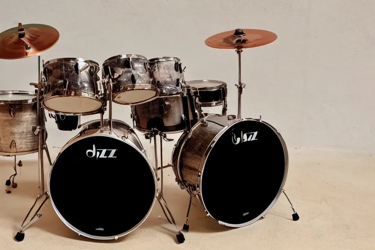 Prompt: photo of a jazz drum kit, vintage cymbals, 8k