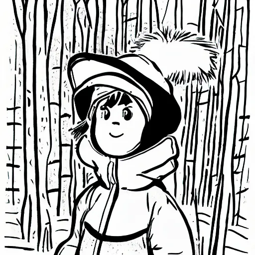 Prompt: a black and white ink drawing of a ten year old girl with small nose and large eyes and freckles wearing an enormous winter parka and a hat with rabbit ears walking in the woods, cartoon character