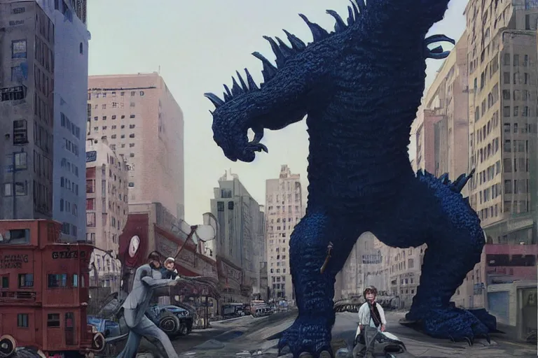 Image similar to giant buster keaton in the city, battling godzilla with clever acrobatics. color fantasy painting, highly detailed, trending on artstation