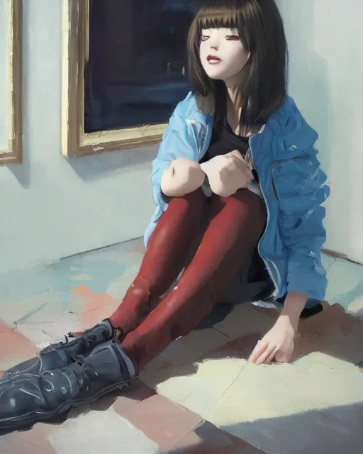 Image similar to A ultradetailed beautiful panting of a stylish girl sitting on the floor of a messy apartment, she is wearing an oversized jacket, Oil painting, by Ilya Kuvshinov, Greg Rutkowski and Makoto Shinkai