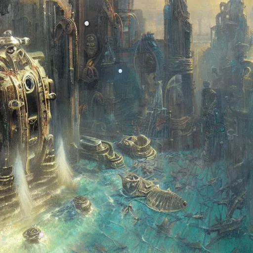 Prompt: underwater city, bioshock, highly detailed painting by gaston bussiere, craig mullins, j. c. leyendecker 8 k