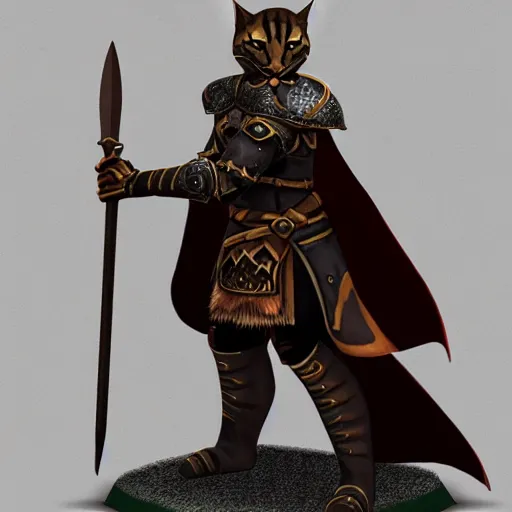 Image similar to quarter length vogue fashion photo portrait of a dark tabby tabaxi paladin, halberd, plate armor, d & d