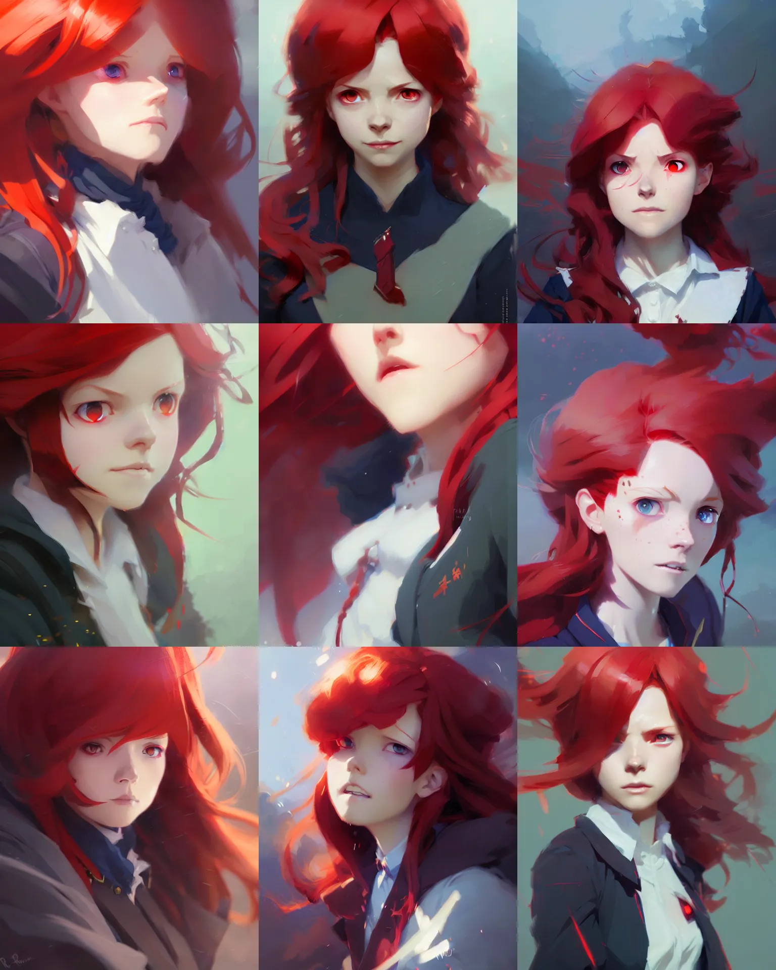 Image similar to little witch academia, closeup, red hair, intricate, uniform, sharp focus, illustration, highly detailed, digital painting, concept art, matte, art by ruan jia and wlop and greg rutkowski, masterpiece