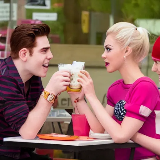 Prompt: Archie Andrews sharing a milkshake with Betty Cooper and Veronica Lodge