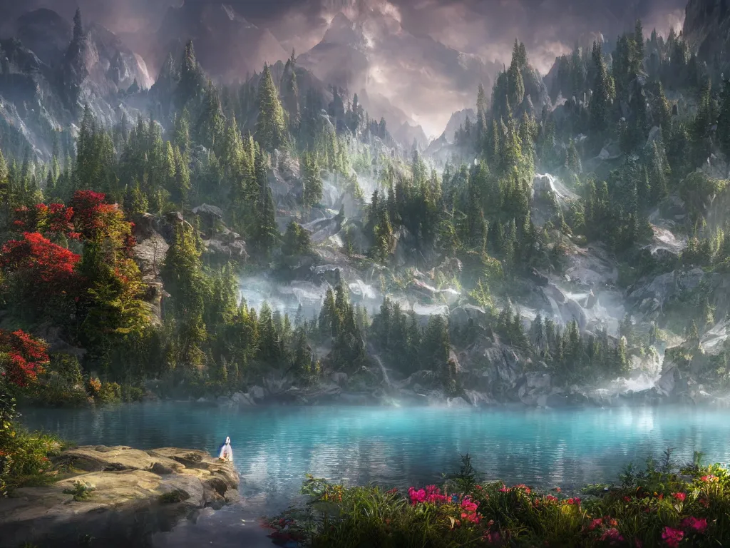 Prompt: a epic view of a mountainous lake, forest, flowers, concept art, trending on, very detailed, unreal engine, 4 k, photoreal, volumetric lighting, light rays, epic composition, warm colors, angelic