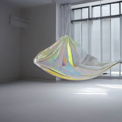 Image similar to an ultra high definition professional studio quality photograph of a transparent iridescent perspex pastel coloured inflatable abstract parachute furniture in an empty white room. dramatic lighting, ray tracing, refraction, shallow d. o. f, colour corrected, golden ratio, three point light. volumetric shadows. god rays.